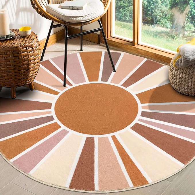 Topotdor Sun Rainbow Round Rug 5.2ft Boho Kids Nursery Rug, Colorful Washable Area Rug Ultra Soft Circle Classroom Rug Non-Slip for Bedroom Living Room Playroom Decor, Orange