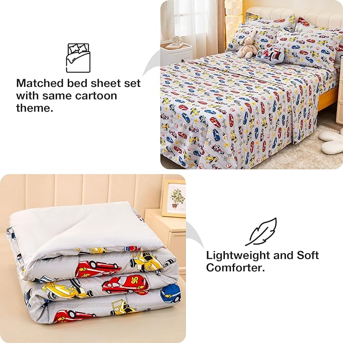 Mooreeke Queen Size Comforter Sets for Boys Kids, 8 Pieces Bed in a Bag Racing Car Bedding Comforter Sheet Set with Shams and Decorative Toy Pillow, Ultral Soft Microfiber Kids Bed Set