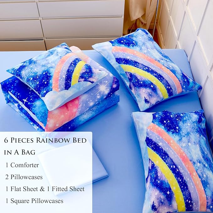 6Pcs Rainbow Girls Comforter Sets Full Size Blue Tie Dye Bed in A Bag for Kids/Teens Sparkle Galaxy Bedding Comforter Set Soft Lightweight Girls Bedding Sets for All Season