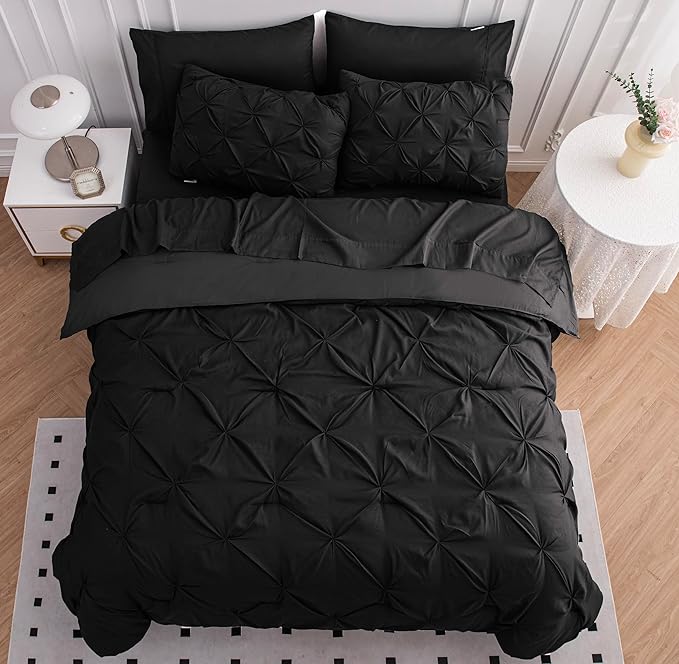 LANE LINEN Bedding Comforter Set for Split King Mattress, Soft 8 Piece Split King Bed in a Bag with 1 King Comforter, 1 King Size Flat Sheet, 2 Twin XL Fitted Sheets, 2 Pillowcases & 2 Shams - Black