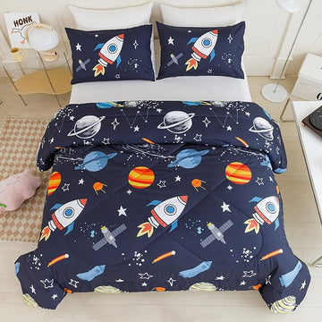 RYNGHIPY Kids Comforter Set Queen Size, Cute Space Rocket Bedding Set for Boys Girls, Space Themed Teen Boy Bedding (Space Rocket,Queen)