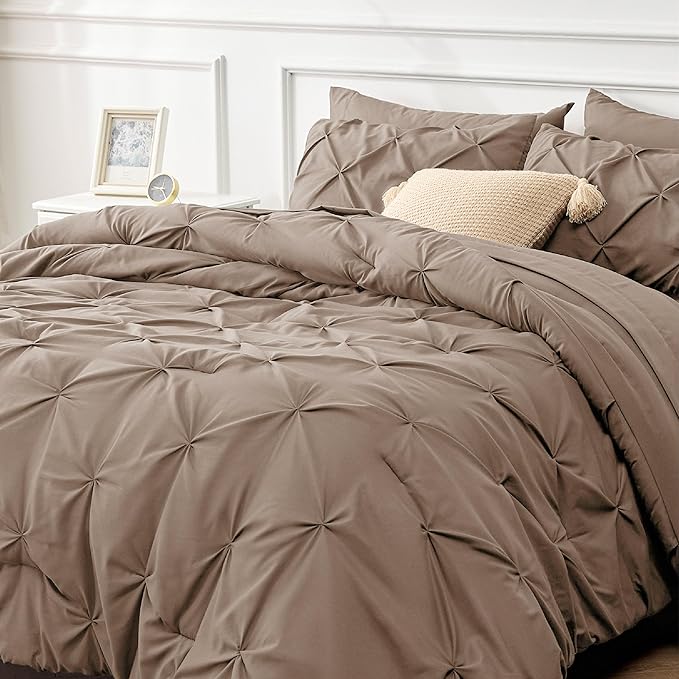 Bedsure King Size Comforter Set - Bedding Set King 7 Pieces, Pintuck Bed in a Bag Brown Bed Set with Comforter, Sheets, Pillowcases & Shams