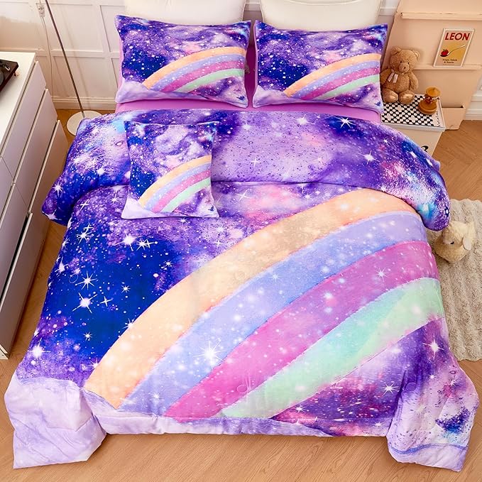 Rainbow Full Size Bedding Sets for Girls, Glitter Tie Dye Purple Kids Comforter Sets, 6Pcs Soft Sparkle Galaxy Bed in A Bag with Sheets for Teens
