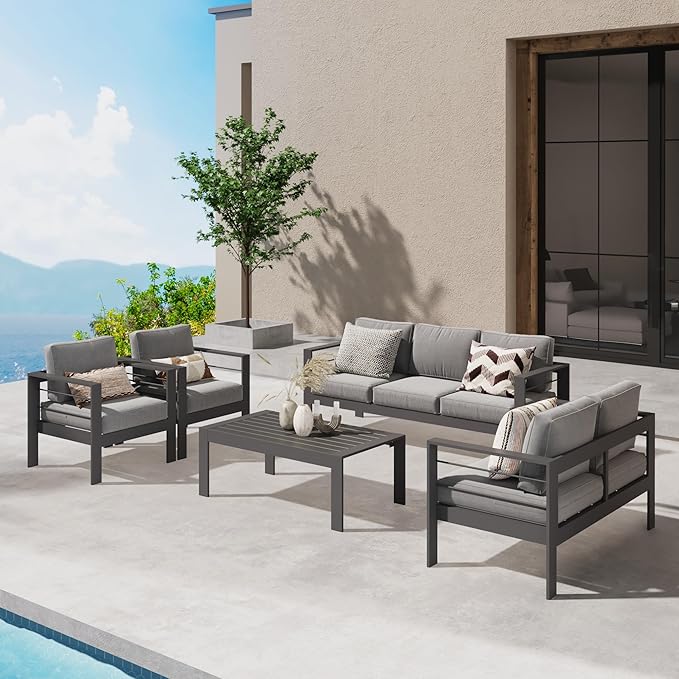 Wisteria Lane Aluminum Outdoor Patio Furniture Set, Modern Patio Conversation Sets, Outdoor Sectional Metal Sofa with 5 Inch Cushion and Coffee Table for Balcony, Garden, Dark Grey