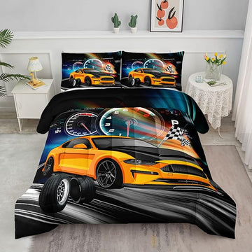 Axolotl Race Car Bedding Set Queen Size,Boys Extreme Sports Comforter Set for Kids Boys Car Racing Gifts,Yellow Cool Car Comforter Car Sports Quilt Set 1 Comforter with 2 Pillowcase Car Racing Gifts