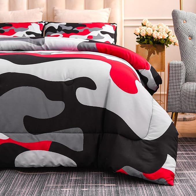 Meeting Story Camouflage Bedding Set, Colorful Pattern Style Queen Comforter Set, 3 PCS One Comforter and Two Pillowcases in One Bag, All Season Bedspread for Kids Teens Adults (Black, Twin)