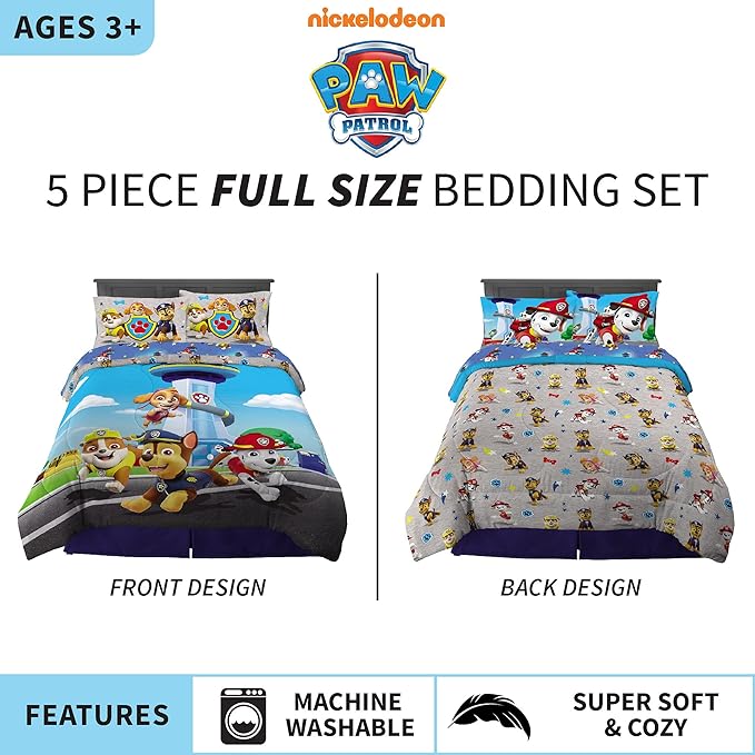 Franco Paw Patrol Kids Bedding Super Soft Comforter And Sheet Set, 5 Piece Full Size, (Official) Nickelodeon, 39 x 75 Inch