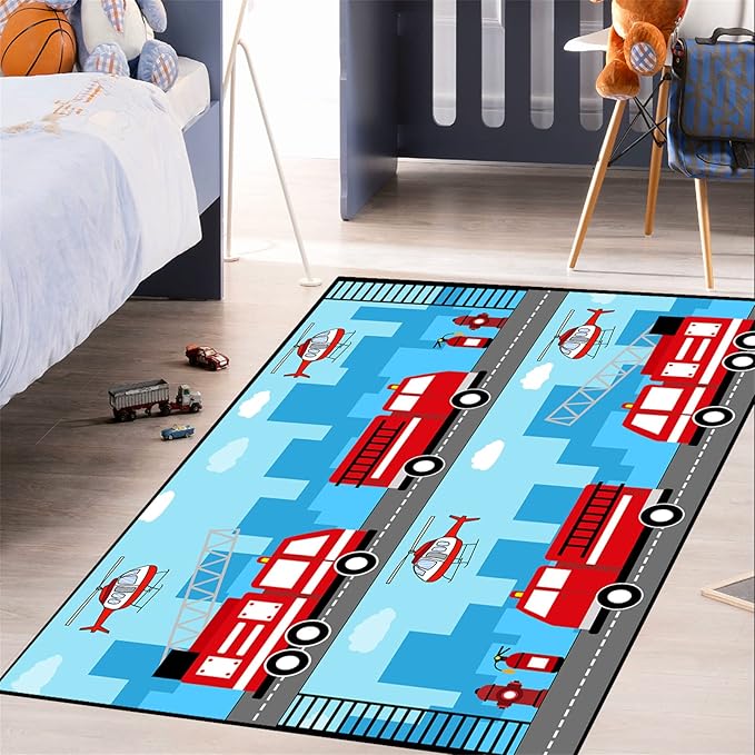 Car Rug Play Mat Car Rug Play Mat Car Rug for Boys Room Fire Fighting Truck Red Car Printed Rug Play Rug for Cars and Trucks Play Rugs for Kids Rooms,Light Blue 5'×7'