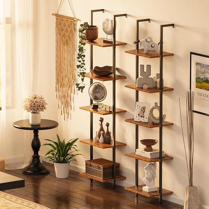 SUPERJARE 5 Tier Bookshelf, Narrow Book Shelf with Open Display Shelves, Small Bookcase with Metal Frame for Bedroom, Living Room, Rustic Brown
