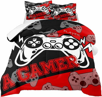 Gaming Comforter Sets for Boys Video Game Full Size Comforter Set for All Seasons Gamer Bedding Sets for Kids Bedroom Black and Red Gamepad Boys Bedding 1 Comforter and 2 Pillowcases