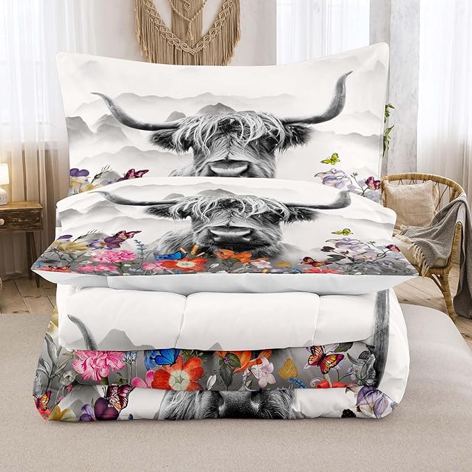 Tailor Shop Highland Cow Comforter Sets Queen Size,Highland Cow Bedding for Teens Kids Man,Cattle Western Funny Animal Bedding Wildlife Farmhouse Bull Mountain Flower Comforter with 2 Pillowcase