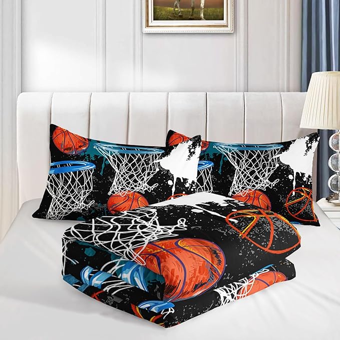Axolotl Basketball Comforter Set Full,Sports Comforter Set,Basketball Bedding Set,Sports Theme Comforter Set,Grunge Bedding Aesthetic Cool Style for Boys Kids Men,1 Quilt 2 Pillowcases,Black Blue