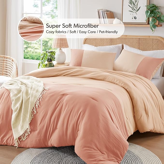 Pink King Size Comforter Set - Modern Farmhouse Soft Comforter Sets for Women, Colorblock Pattern Bed Sets for All Season, 3 Pieces includes 1 Comforter, 2 Shams (104"x 90")
