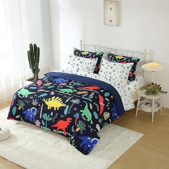7 Piece Dinosaur Bedding Set Queen Size for Kids Boys Teens Cartoon Blue Dino Comforter Set with Sheet Colorful 3D Print Bed in a Bag