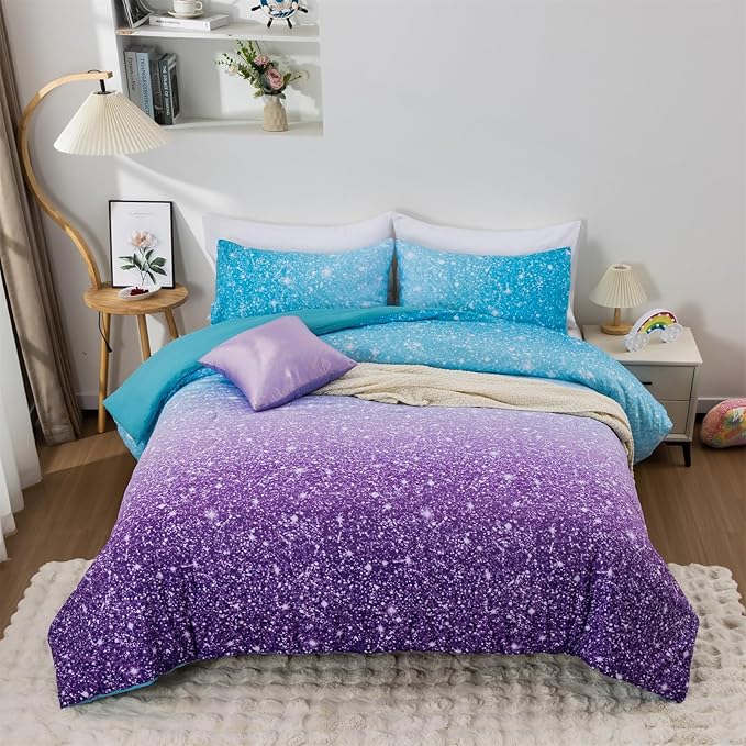 Holawakaka Kids Space Star Glitter Comforter Set Ombre Blue & Purple Print Bedding Set Twin/Twin XL Size Girls Boys Dorm Gradient Galaxy Bed Sets (Blue Purple, Twin)