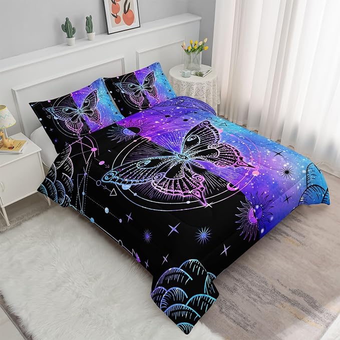 Datura home Black Blue Butterfly Comforter Set for Girls Women,Boho Butterfly Sun and Moon Mandala Printed Bedding Set with 2 Pillowcases(Black Blue Full)