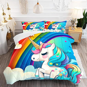 Unicorn Bedding Twin for Girls Rainbow Comforter Set for Kids Children Boys Teens Cartoon Unicorn Colorful Starry Blue Glitter Quilt 1 Comforter + 1 Pillow Case