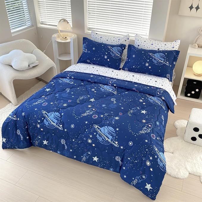 7 Piece Boys Space Comforter Set Full Size Bed in A Bag Star Rocket Galaxy Universe Planets Bedding Set for Kids Teens Girls Microfiber Blue Quilt All Season