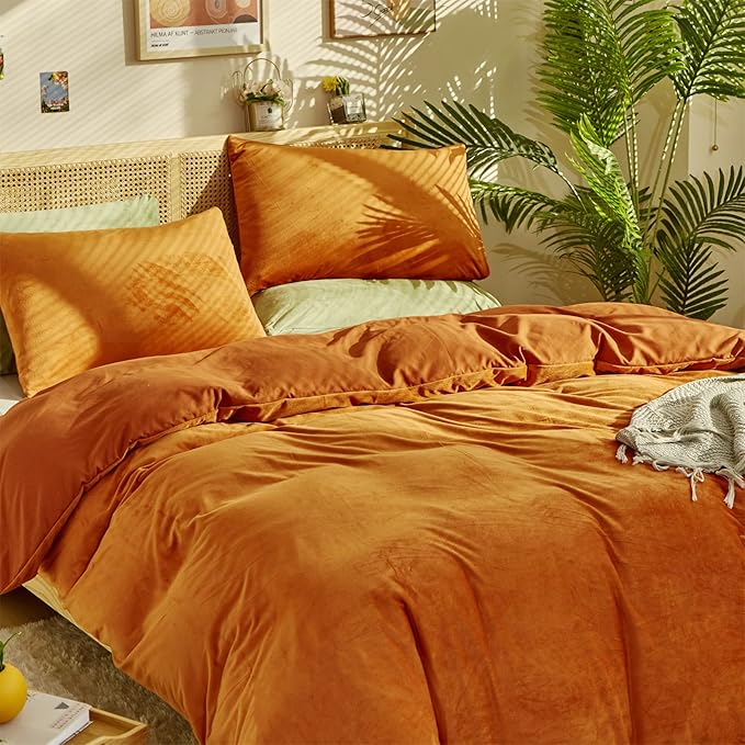 Burnt Orange Color Velvet Comforter Set King Solid Rust Color Flannel Velvet Bedding Comforter Set All Caramel Colour 3 PCs Shaggy Soft Warm and Durable Flannel Blanket King