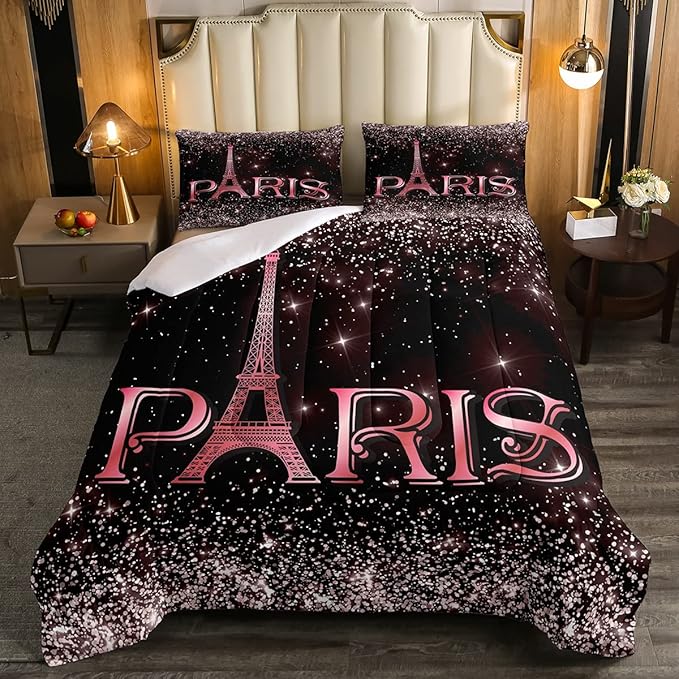 Erosebridal Eiffel Tower Comforter Set Full Size, Paris France Duvet Sets for Kids Teens Adult Women Bedroom Decor Starry Sky Bling Bedding Set City Building Quilted Duvet with 2 Pillow Cases