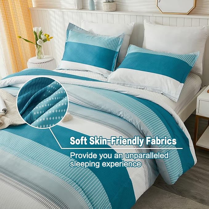 Litanika Full Comforter Set White Teal - 3 Pieces Lightweight Fluffy Bedding Comforter Sets, All Season Down Alternative Comforter (1 Comforter, 2 Pillowcases)