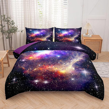 Tailor Shop Galaxy Comforter Space Kids Bedding Set Queen Size, Purple Comforter for Girls with 2 Pillowcase