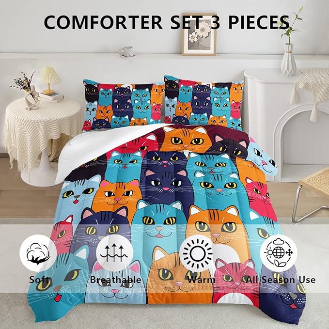 Axolotl Cartoon Cat Comforter Set Kids Bedding Queen Size,Cute Colorful Cat Bedding Set for Kids Boys Girls Adults Teens Room Decor,Kids Comforter Set All Season,1 Comforter 2 Pillow Cases