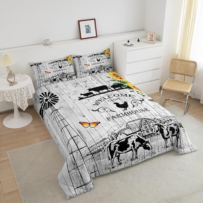 Erosebridal Windmill Bedding King Size, Rustic Farmhouse Comforter Set Retro Vintage Windmill Bedding Comforter Sets, Wooden Planks Barn Door Down Comforter with 2 Pillowcases for All Season