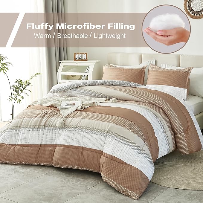 Litanika Beige California King Comforter Set, 3 Pieces Cal King Lightweight Taupe Khaki White Colorblock Stripe Bedding Comforter Sets, Fluffy Bed Set