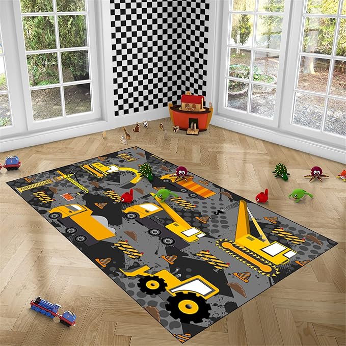 Construction Rugs for Boys Room Play Rug for Cars and Trucks Car Rug Play Mat Kids Rugs for Playroom Car Rug for Boys Room Construction Decor for Boys Room,Grey 3'×5'