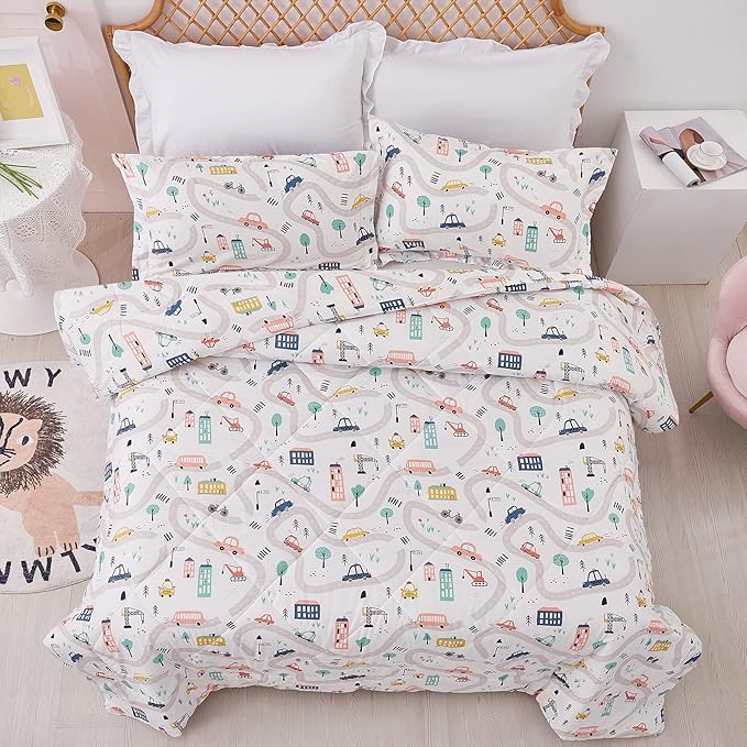 JSD Car Kids Printed Comforter Set for Boys Girls, 3 Pieces Queen Microfiber Comforter with Pillow Sham, Soft Comfortable Machine Washable