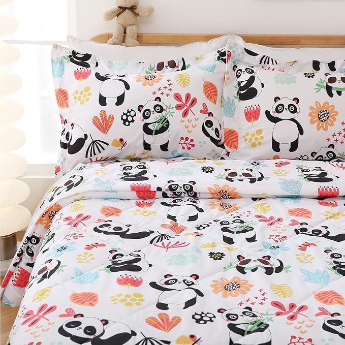 JSD Panda Flower Kids Comforter Set, 2 Pieces Twin Microfiber Comforter with Pillow Sham, Soft Comfortable Machine Washable