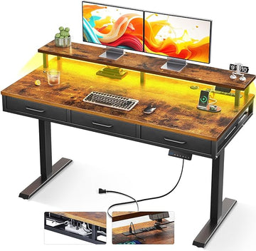 AODK 55 Inch Electric Standing Desk with 3 Drawers, Brown, Height Adjustable Desk with Power Outlets & LED Lights, Stand Up Desk with Monitor Shelf, Sit Stand Desk Computer Workstation