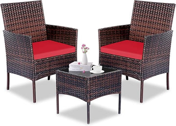 Patio Furniture Set 3 Pieces All-Weather Rattan Outdoor Furniture Patio Chairs with Tempered Glass Table for Porch Bistro Balcony Bistro Set(Brown/Red)