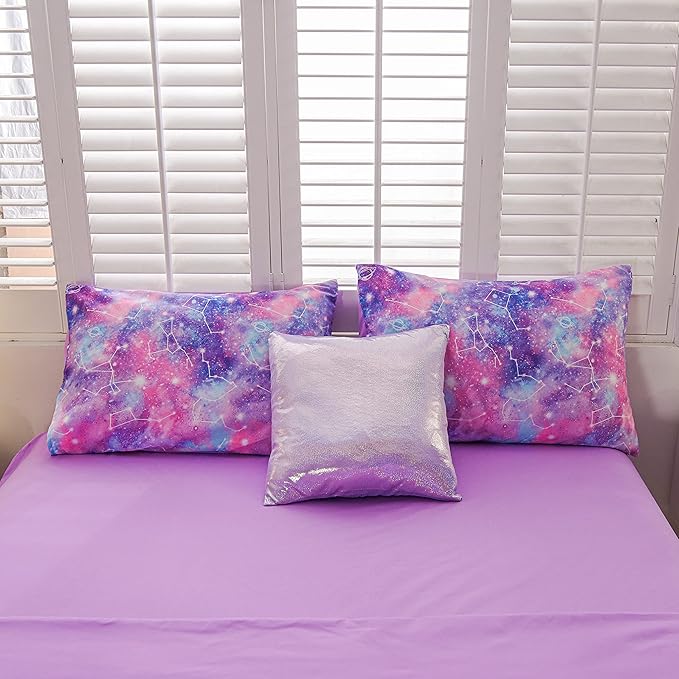 Btargot Lightweight Microfiber 6 Piece Comforter Set, Tie Dye Galaxy Constellation Pattern Bedding Set for Boys Girls Teen, Queen Purple