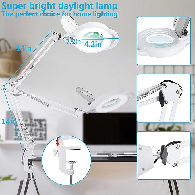 10X Magnifying Lamp with Clamp, 2200 LM Super Bright and Stepless Dimming Magnifying Glass with Light, Real Glass Lens Lighted Magnifier Lamp for Close Work, Crafts, Reading, Repair -White