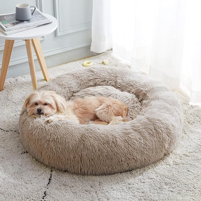 Calming Dog Bed & Cat Bed, Anti-Anxiety Donut Cuddler Warming Cozy Soft Round Bed, Fluffy Faux Fur Plush Cushion bed for Small Medium Dogs and Cats (20"/24"/27"/30")