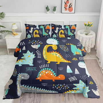 Datura home Bedding Comforter Set Kawaii Cartoon Dinosaur Printed Pattern with 1 and 2 Pillowcases for Boys Bedroom All Season(Cute Dinosaur Full) Full 80x90inches
