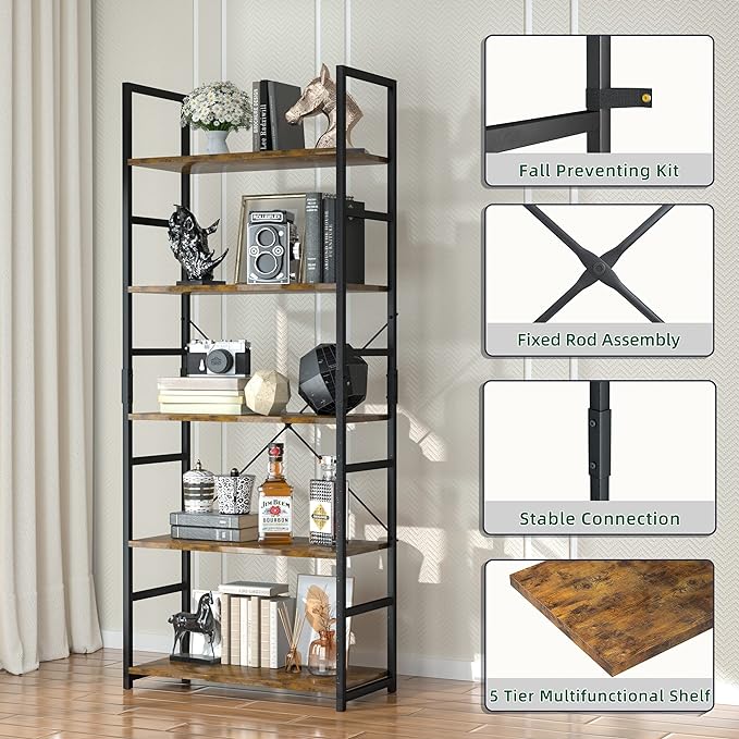 OTK 5 Tier Bookshelf, Tall Bookcase, Office Shelf Storage Organizer, Modern Book Shelf for Living Room, Bedroom, and Home Office, Vintage