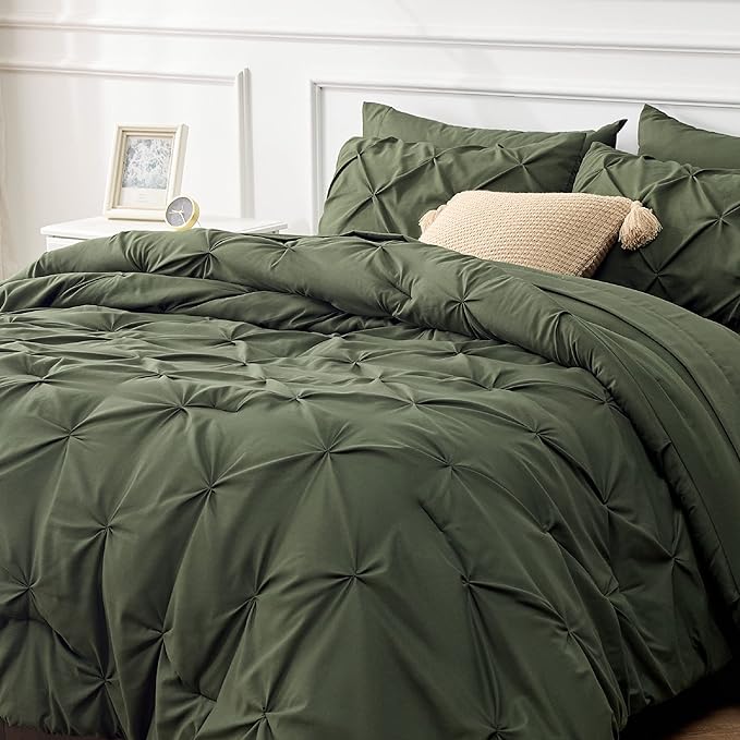 Bedsure King Size Comforter Set - Bedding Set King 7 Pieces, Pintuck Bed in a Bag Olive Green Bed Set with Comforter, Sheets, Pillowcases & Shams
