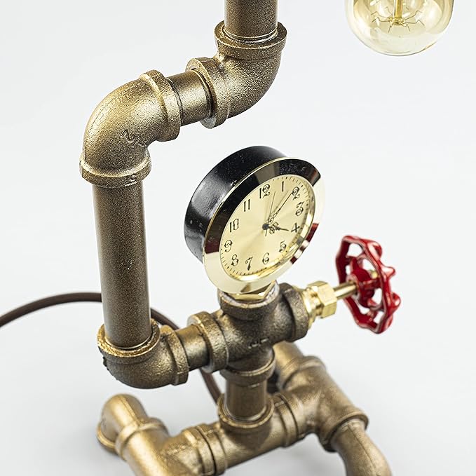 Steampunk Lamp with Dimmer, Dimmable Loft Style Industrial Vintage Antique Style Light with Bulb, Clock with Iron Piping Desk Lamp, Retro Desk Lamp LL-029