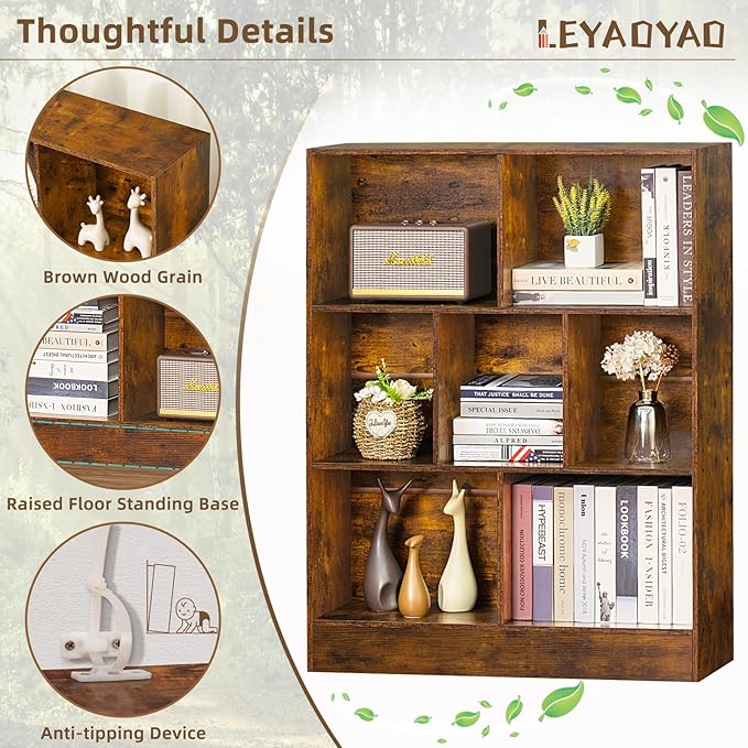 LEYAOYAO 7 Cube Bookshelf with Base,3 Tier Mid-Century Modern Brown Bookcase,Standing Wide Bookshelves Storage Organizer Shelf,Rustic Wood Display Cabinet Book Shelves for Bedroom,Living Room,Office