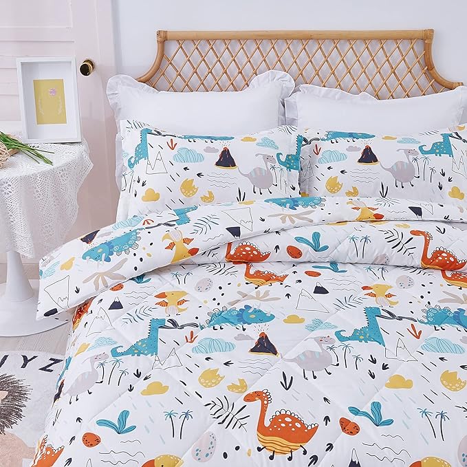 JSD Dinosaur Kids Comforter Set for Boys Girls, 3 Pieces Queen Microfiber Comforter with Pillow Sham, Soft Comfortable Machine Washable