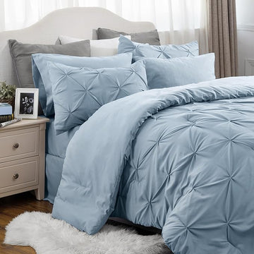 Bedsure Blue Comforter Set Queen - Bed in a Bag Queen 7 Pieces, Pintuck Bedding Sets Light Blue Bed Set with Comforter, Sheets, Pillowcases & Shams