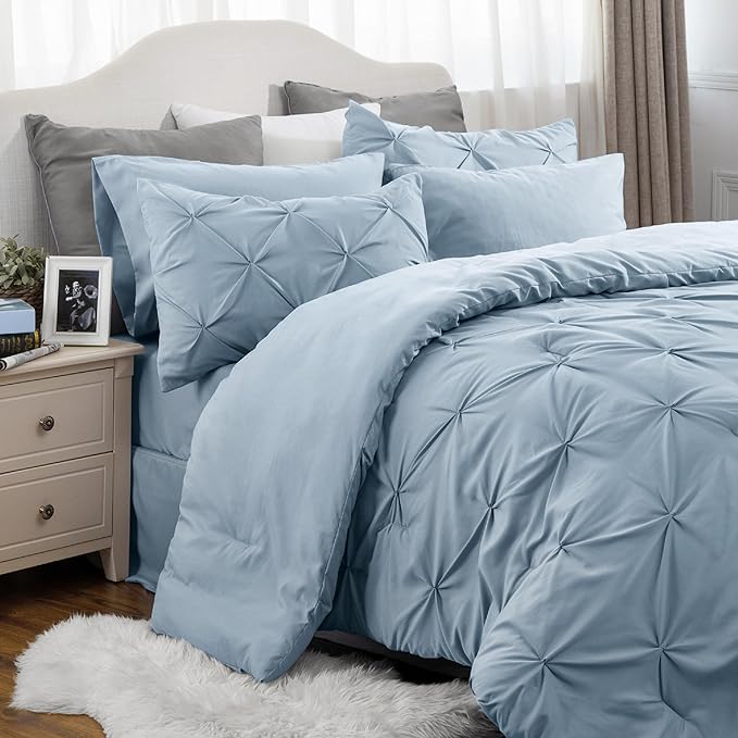Bedsure California King Comforter Set - Cal King Bed Set 7 Pieces, Pinch Pleat Light Blue Cali King Bedding Set with Comforter, Sheets, Pillowcases & Shams