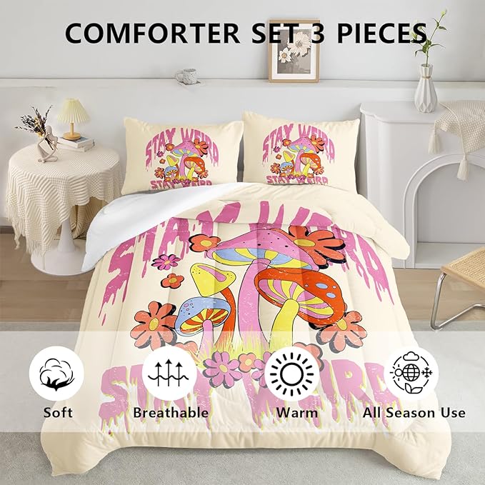Axolotl Cartoon Mushroom Comforter Set Twin,Colorful Mushrooms Bedding Girls Bedding Set,Floral Comforter Set Red Pink Flower,Cute Mushroom Bedding Set for Kids Boys Girls Teens,1 Quilt 2 Pillowcases