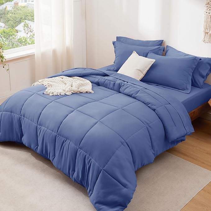 Bedsure Infinity Blue Full Size Comforter Set - 7 Pieces Solid Full Bed in a Bag, Full Bed Set Infinity Blue with Comforters, Sheets, Pillowcases & Shams