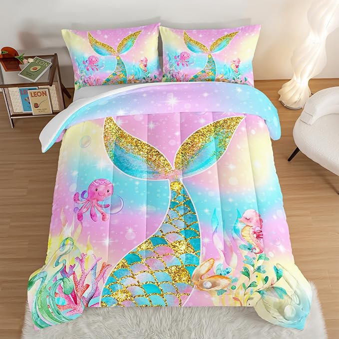 HOSIMA Mermaid Comforter with 2 Pillowcases,Girly Rainbow Bedding Set Mermaid Tail Comforter,Glitter Gold Fish Scales Queen Comforter Set,Cute Sea Animal Octopus Seahorse Comforter for Kids Teens.
