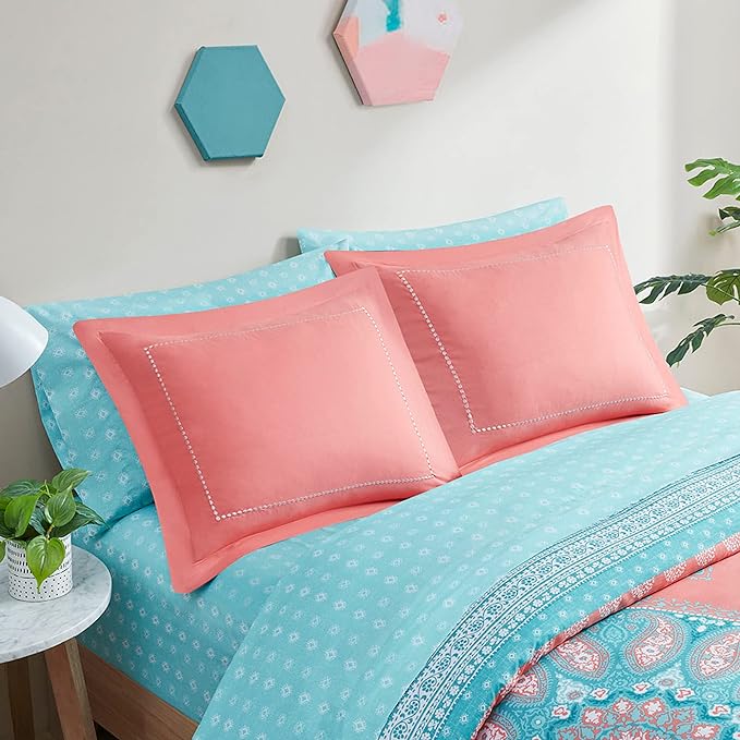 Degrees of Comfort Full Size Coral Comforter Sets for Girls, Boho Mandala Bed in A Bag with sheet, Microfiber Bed Set with Side Pockets, Matching Decorative Pillow, 8 Piece