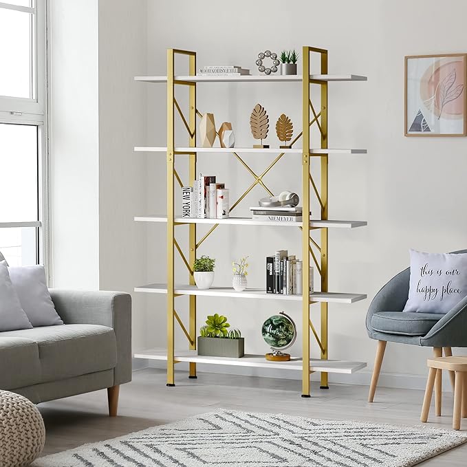YITAHOME 5 Tier Gold Bookshelf, 70.9" Tall Modern Wide Bookcase, Open Storage Rack Shelves in Living Room/Bedroom/Home/Office, Books Holder Organizer for Books/Plants, Gold & White